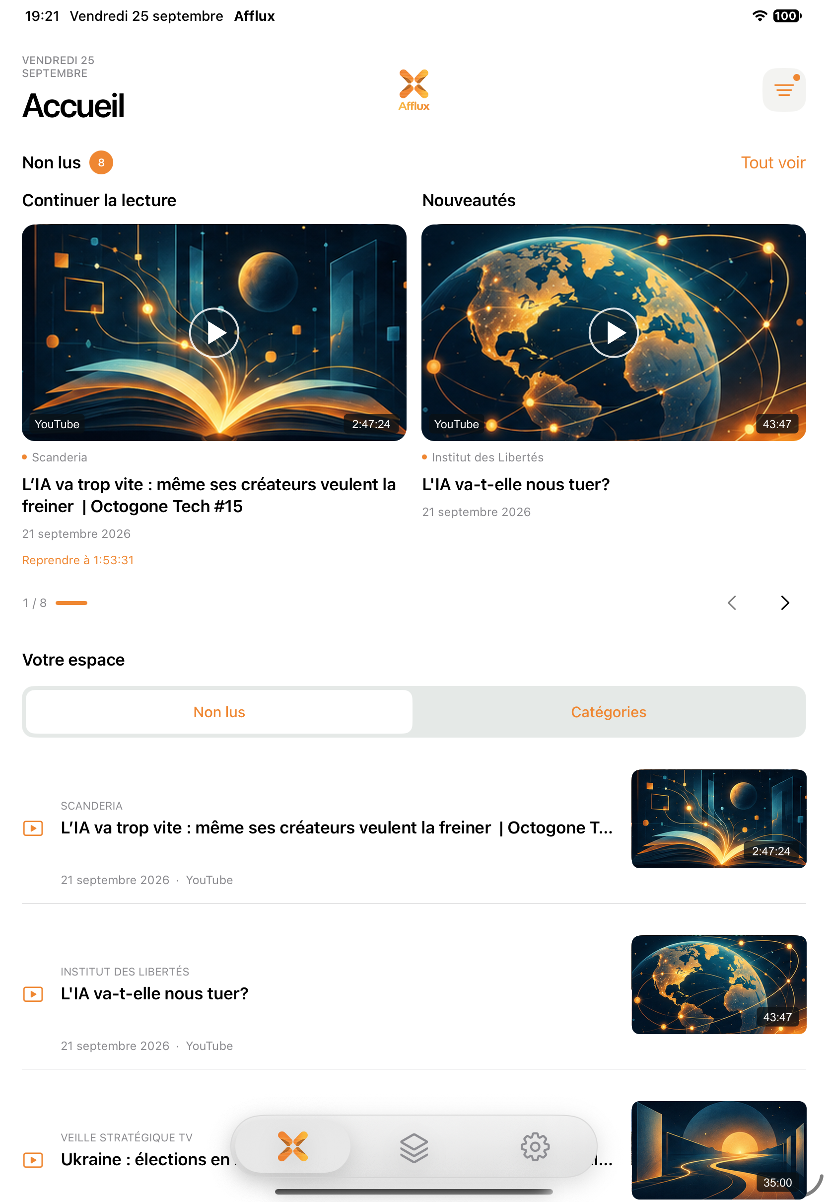 Interface Afflux sur iPad